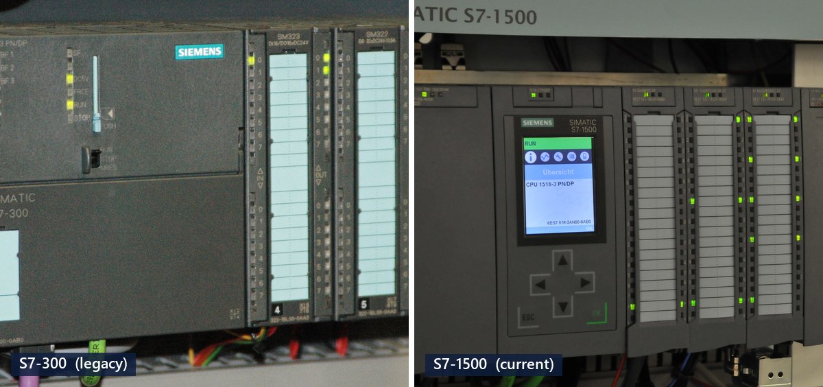 Side-by-side comparison of a Siemens SIMATIC S7-300 PLC and a SIMATIC S7-1500 PLC