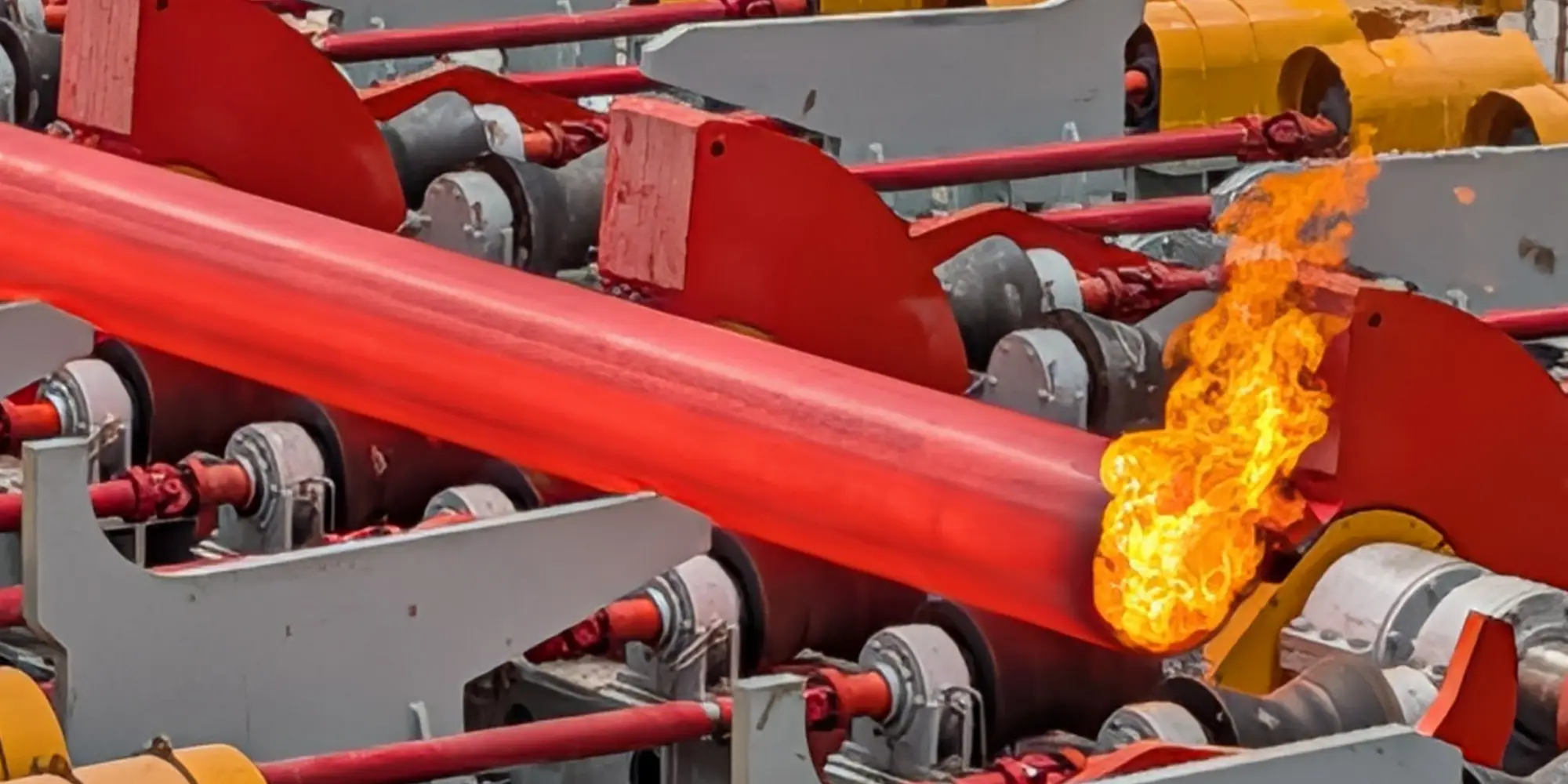 Borax burning off the bore of a red-hot seamless tube as it leaves the mill