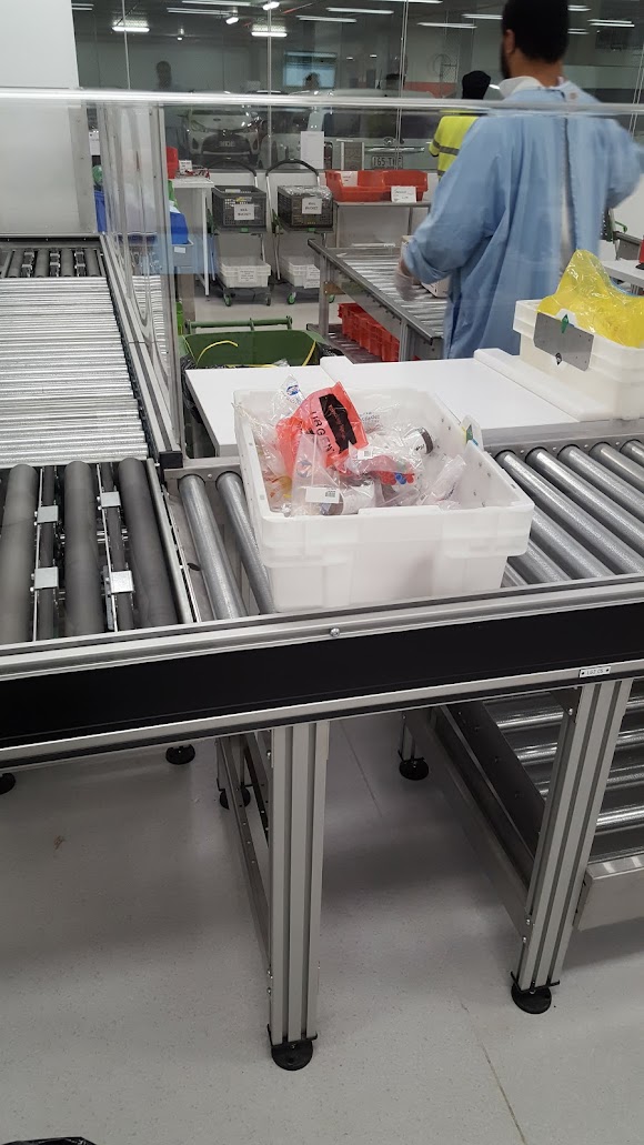 Roller conveyor system in Brisbane pathology lab