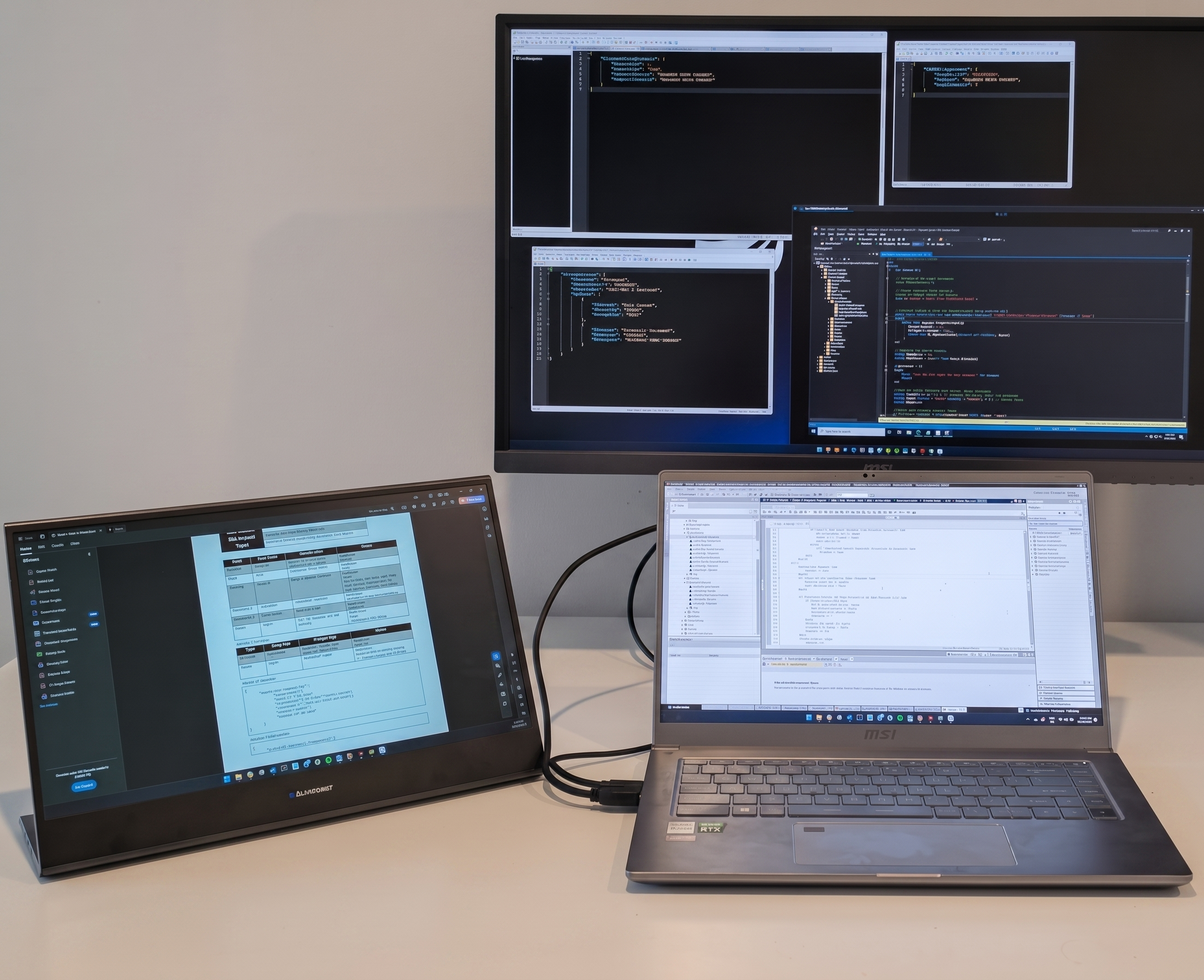 Pac Technologies engineering desk — PLC IDE and HMI development across multiple screens